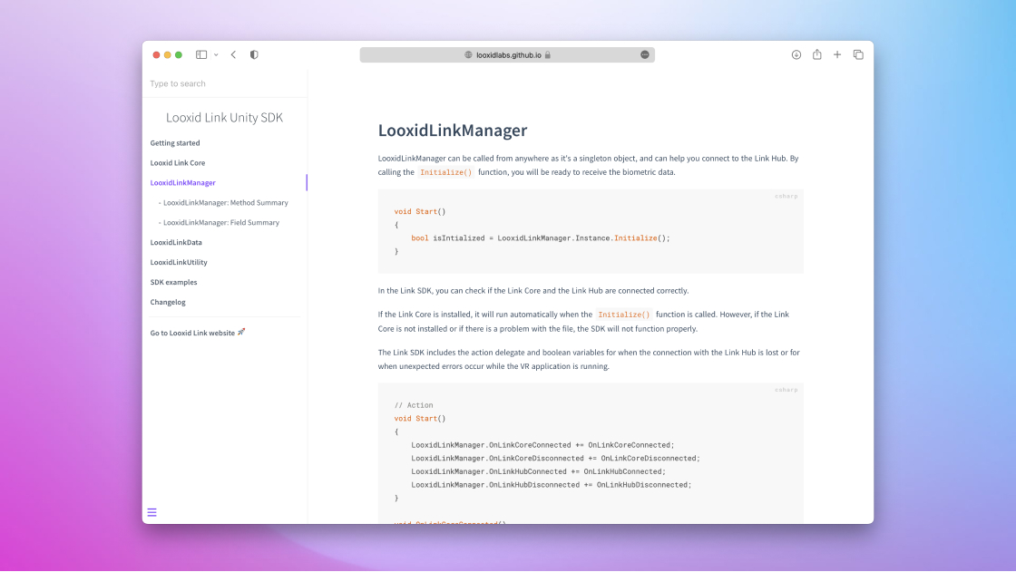 Looxid Link SDK documentation page on desktop