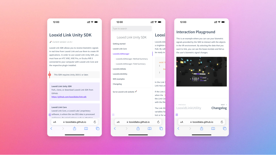 Looxid Link SDK documentation page on mobile