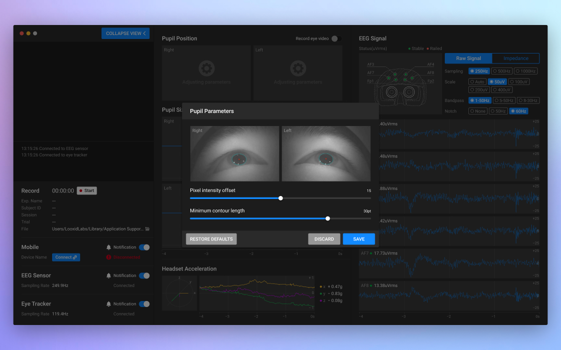 LooxidVR desktop application - pupil parameters